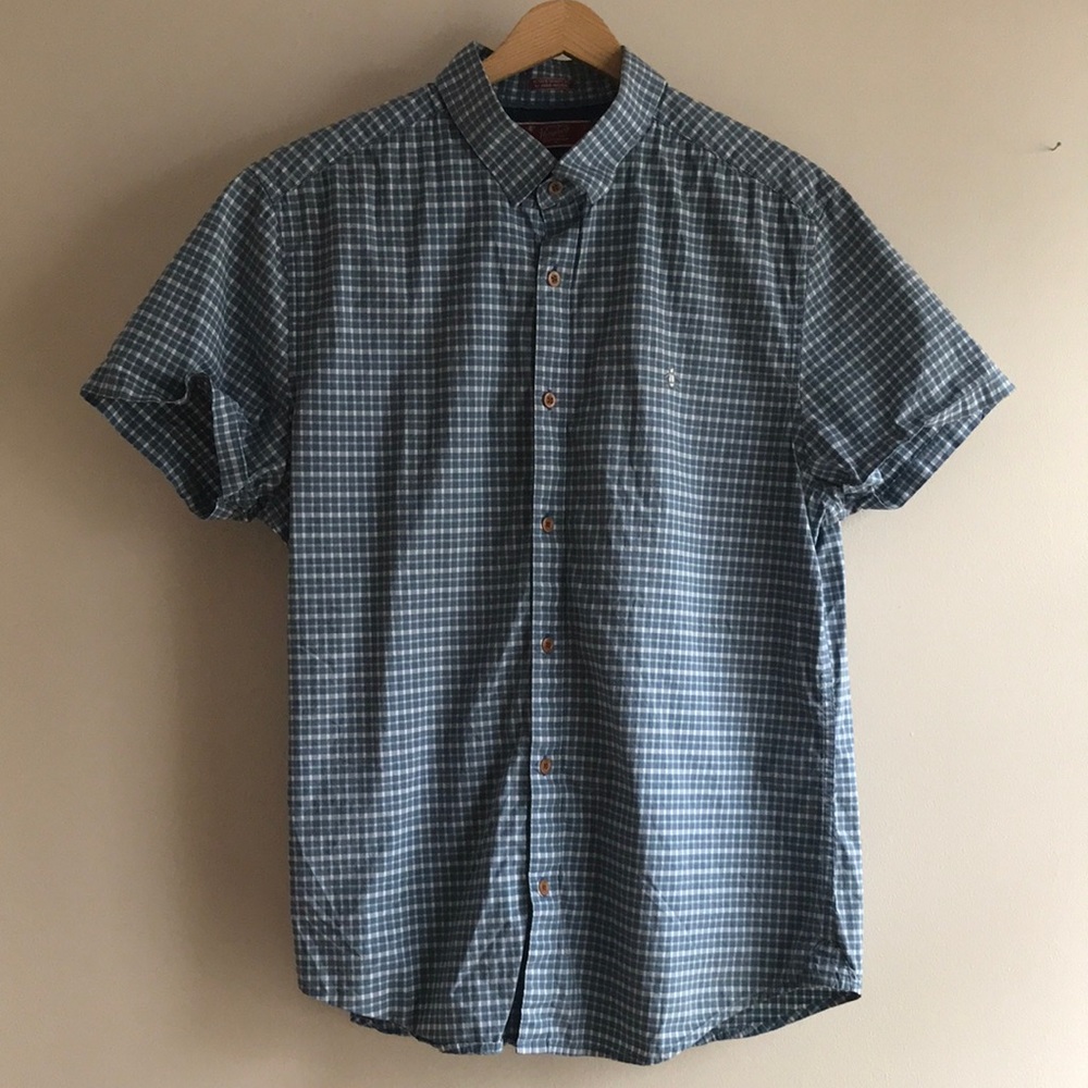 EUC Orig Penguin Rogue Skinny Fit short sleeve check blue/white/light green